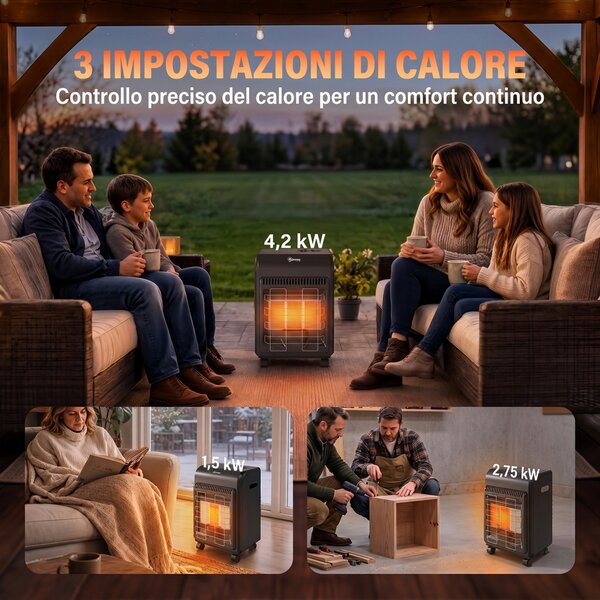 Outsunny Stufa a Gas Portatile 4.2kW con 3 Livelli di Calore, Nera | Aosom Italy