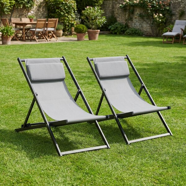 VivaGarden Sdraio da Giardino Pieghevole Cuscino Poggiatesta Schienale Reclinabile Set 2 Sdraio in Alluminio/Texteline Dimensioni 96,5x58x91,5 cm c