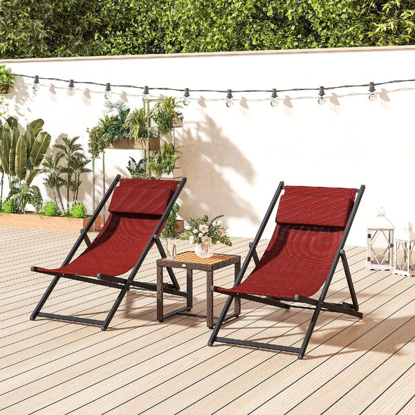 VivaGarden Sdraio da Giardino Pieghevole Cuscino Poggiatesta Schienale Reclinabile Set 2 Sdraio in Alluminio/Textilene Dimensioni 96,35x58x91,5 cm 