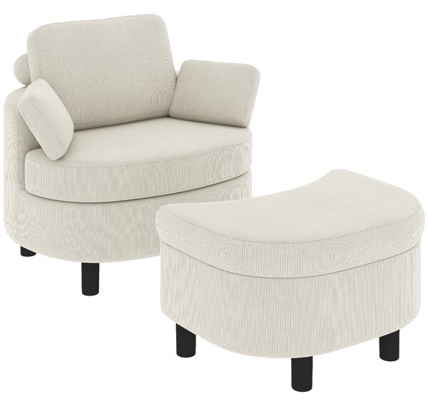 HOMCOM Poltrona con pouf contenitore in velluto a coste, poggiatesta e seduta ampia, Crema | Aosom Italy