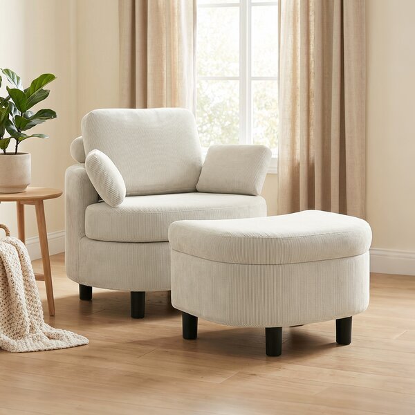 HOMCOM Poltrona con pouf contenitore in velluto a coste, poggiatesta e seduta ampia, Crema | Aosom Italy