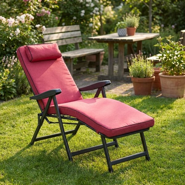 VivaGarden Sdraio da Giardino Pieghevole Imbottita con Poggiagambe Cuscino Poggiatesta in Acciaio/Tessuto Dimensioni 155x60x60 cm colore Rosso - Ri