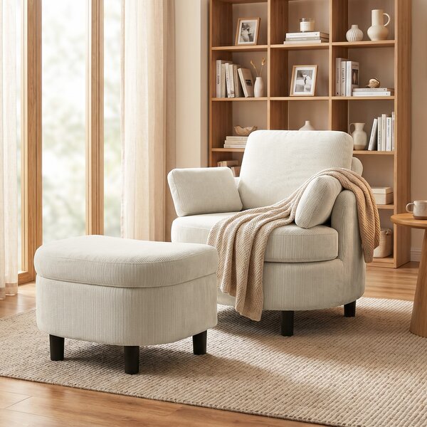 HOMCOM Poltrona con pouf contenitore in velluto a coste, poggiatesta e seduta ampia, Crema | Aosom Italy