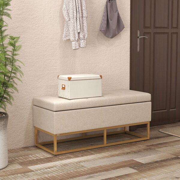 HOMCOM Panca con Contenitore in Poliestere Trapuntata con Gambe in Acciaio d'oro, 110x44x48cm, Beige