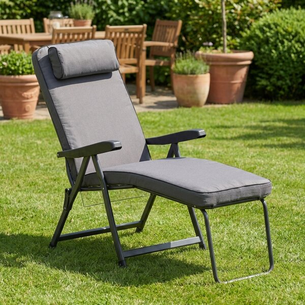 Metal Far Sdraio da Giardino Pieghevole Imbottita con Poggiagambe Cuscino Poggiatesta in Ferro/Polycotone Dimensioni 60x175x63 cm colore Grigio Scu