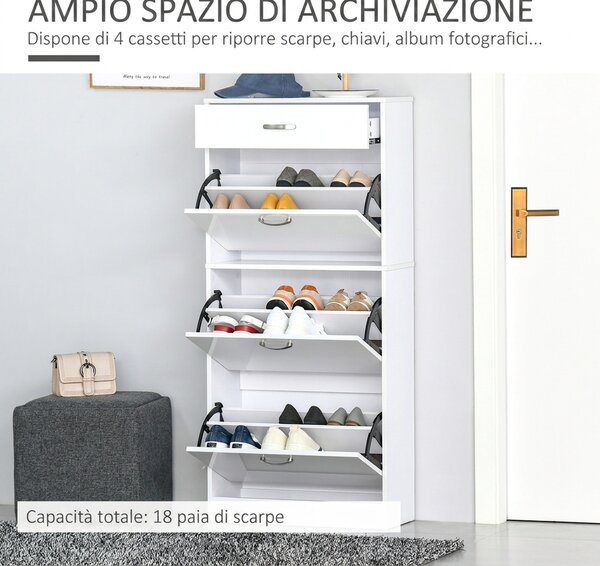 HOMCOM Scarpiera Slim con 3 Ante a Ribalta, Capacità 18 Paia, Bianco | Aosom Italy