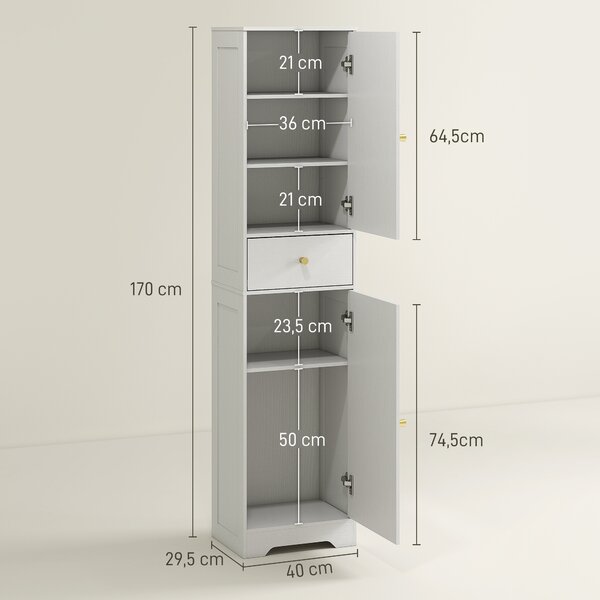 HOMCOM Mobile Bagno Alto Slim con Cassetto, 2 Ante, Ripiano Regolabile, per Lavanderia, Moderno, 40x29.5x170cm, Bianco Effetto Legno | Aosom Italy