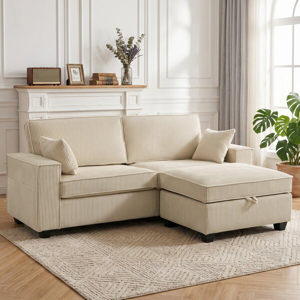 HOMCOM Divano angolare 3 posti con contenitore in velluto a coste, Beige | Aosom Italy