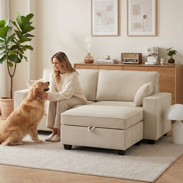 HOMCOM Divano angolare 3 posti con contenitore in velluto a coste, Beige | Aosom Italy