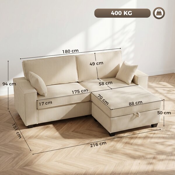 HOMCOM Divano angolare 3 posti con contenitore in velluto a coste, Beige | Aosom Italy