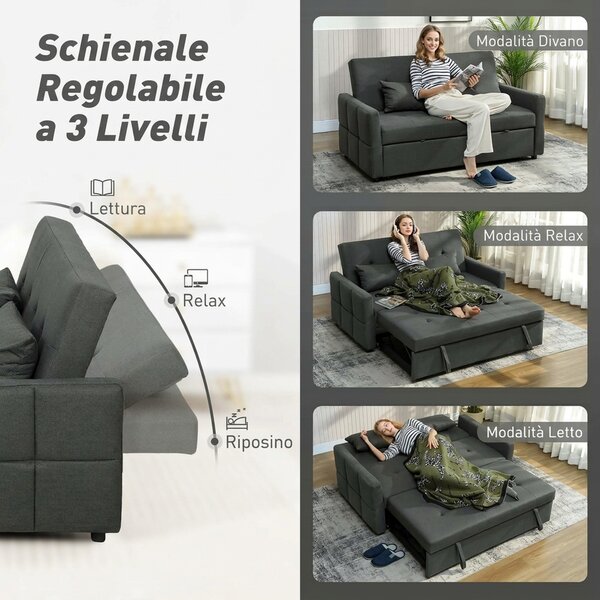 HOMCOM Divano letto 2 posti clic clac con 2 cuscini in tessuto, grigio scuro | Aosom Italy