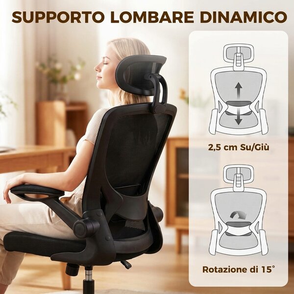 HOMCOM Sedia da Ufficio Ergonomica in Rete con Poggiatesta Regolabile, Nera | Aosom Italy