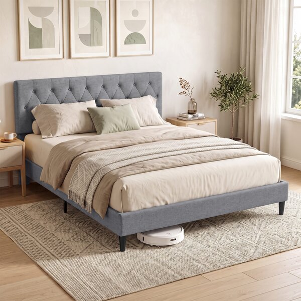 Struttura Letto Matrimoniale Imbottita 150x195x107 cm con Testiera Trapuntata in Tessuto Grigio