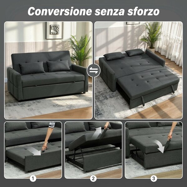HOMCOM Divano letto 2 posti clic clac con 2 cuscini in tessuto, grigio scuro | Aosom Italy