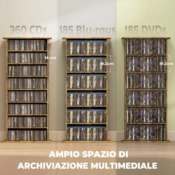 HOMCOM Scaffale Porta CD con 6 Ripiani Regolabili, Capacità di 360 CD/185 DVD, 58x24x124.5 cm, Marrone Rustico | Aosom Italy