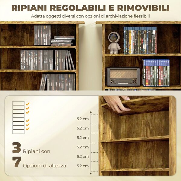 HOMCOM Scaffale Porta CD con 6 Ripiani Regolabili, Capacità di 360 CD/185 DVD, 58x24x124.5 cm, Marrone Rustico | Aosom Italy