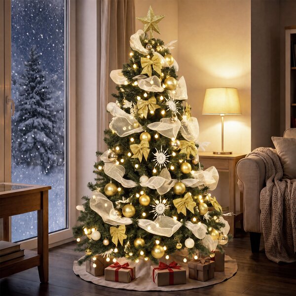 Albero di Natale Artificiale Ø110x180 cm con 200 Luci LED Bianco Caldo 8 Modalità 800 Rami Ignifughi Palline e Nastri