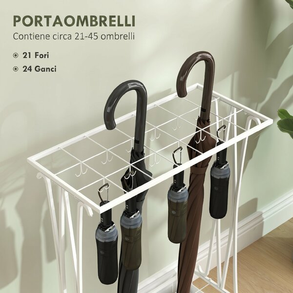 HOMCOM Portaombrelli in acciaio con vaschetta, 21 fori e 24 ganci, 50x24x68 cm, Bianco | Aosom Italy
