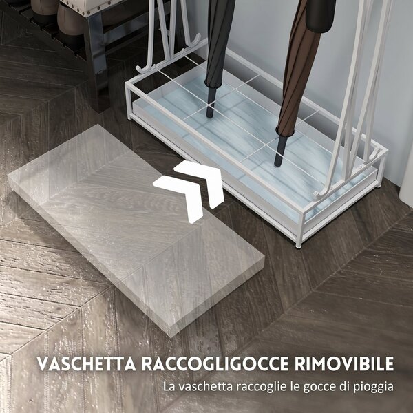HOMCOM Portaombrelli in acciaio con vaschetta, 21 fori e 24 ganci, 50x24x68 cm, Bianco | Aosom Italy