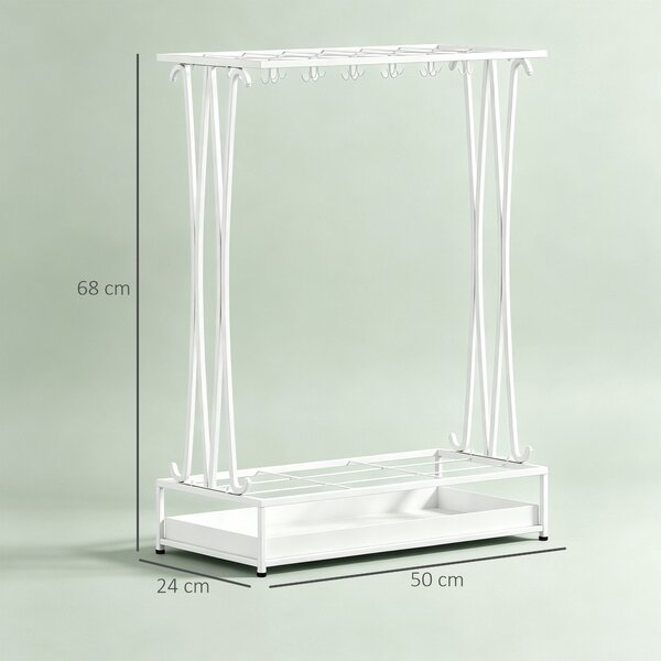 HOMCOM Portaombrelli in acciaio con vaschetta, 21 fori e 24 ganci, 50x24x68 cm, Bianco | Aosom Italy