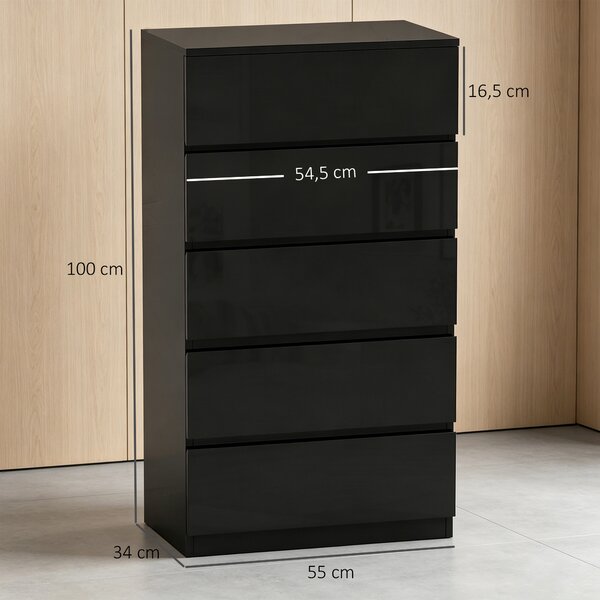 HOMCOM Cassettiera 5 cassetti in legno per camera da letto, 55x34x100 cm, Nero | Aosom Italy