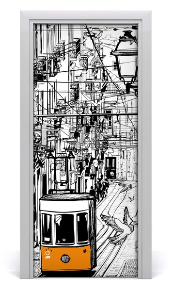 Poster adesivo per porta Tram a Lisbona 75x205 cm
