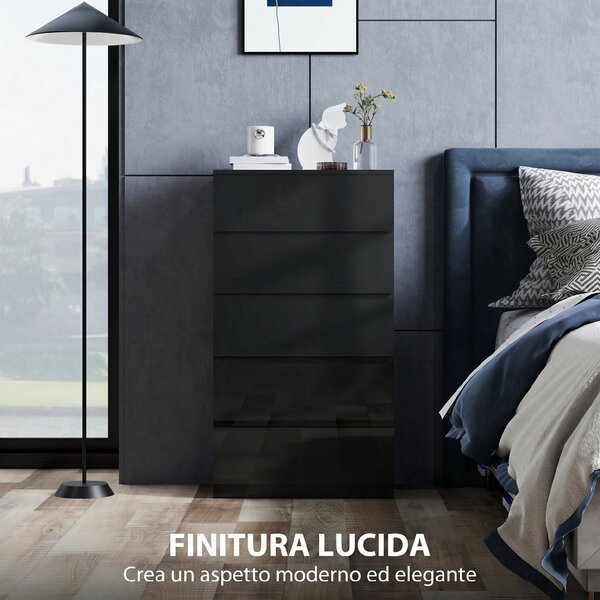 HOMCOM Cassettiera 5 cassetti in legno per camera da letto, 55x34x100 cm, Nero | Aosom Italy