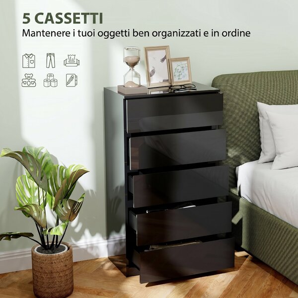 HOMCOM Cassettiera 5 cassetti in legno per camera da letto, 55x34x100 cm, Nero | Aosom Italy