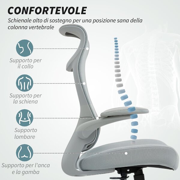 DecHome Sedia da Ufficio con Ruote Braccioli e Poggiatesta in Tessuto Mesh colore Grigio