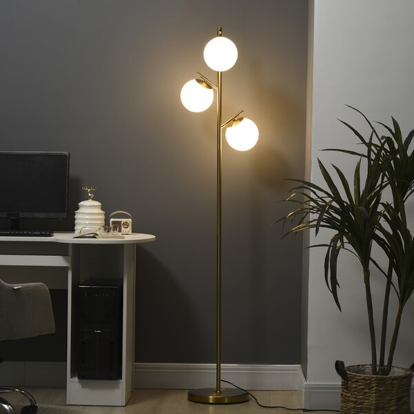 HOMCOM Lampada da Terra Moderna con 3 Punti Luce in Acciaio e Vetro, Ø27x159cm, Oro