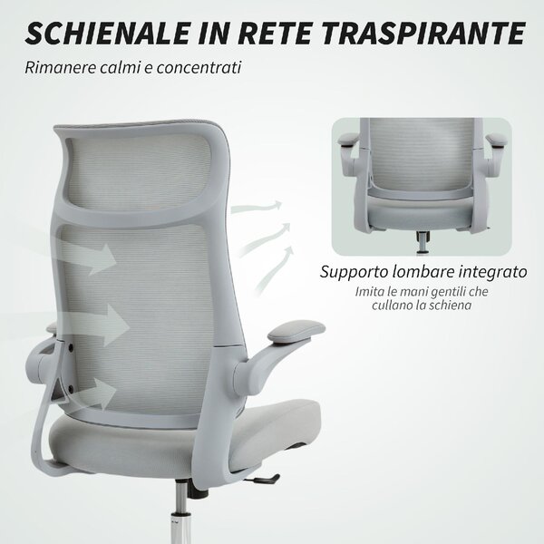 DecHome Sedia da Ufficio con Ruote Braccioli e Poggiatesta in Tessuto Mesh colore Grigio