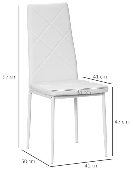 HOMCOM Set di 4 Sedie Imbottite Moderne da Pranzo con Schienale Alto e Cuciture a diamante, in Finta Pelle e Acciaio, 41x50x97cm, Bianco|Aosom Italy
