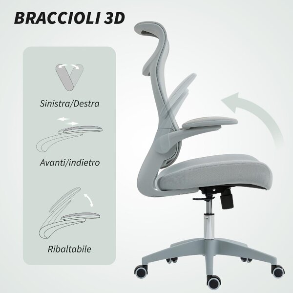 DecHome Sedia da Ufficio con Ruote Braccioli e Poggiatesta in Tessuto Mesh colore Grigio