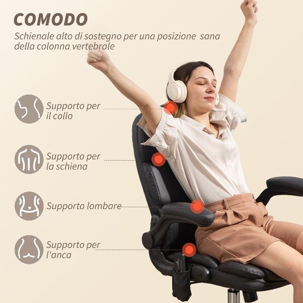 Icon Space Sedia da Ufficio con Ruote Braccioli e Poggiatesta Schienale Massaggiante e Riscaldante in Ecopelle colore Nero