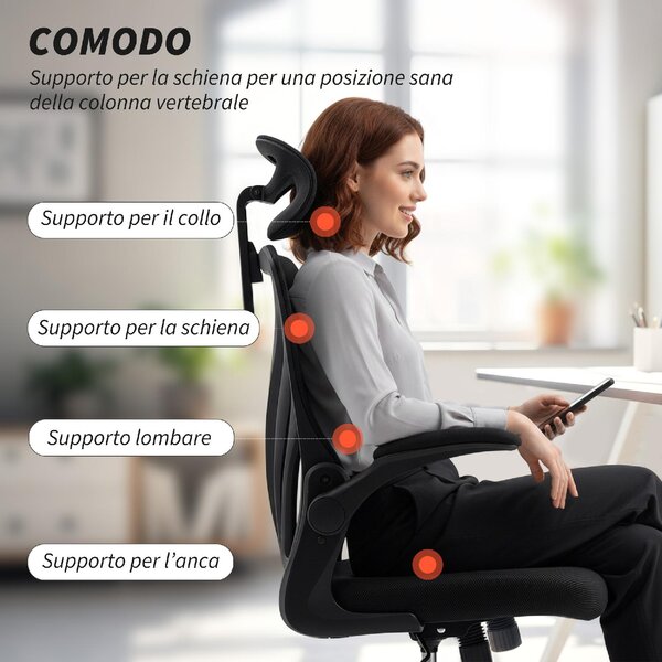 Icon Space Sedia da Ufficio con Ruote Braccioli e Poggiatesta in Tessuto Mesh colore Nero