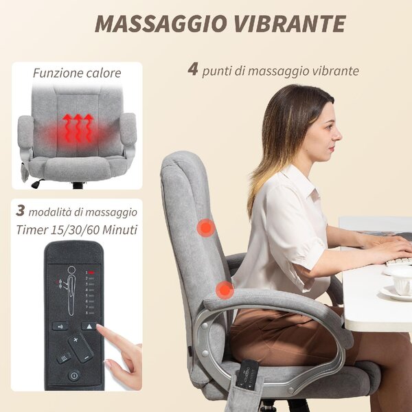 Icon Space Sedia da Ufficio con Ruote Braccioli e Poggiatesta Schienale Massaggiante e Riscaldante in Tessuto colore Grigio