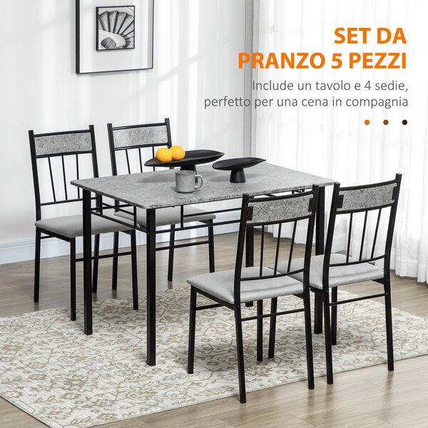 HOMCOM Set Tavolo e Sedie 5pz, Tavolo da Pranzo Rettangolare in Metallo e MDF e 4 Sedie da Pranzo con Seduta Imbottita in Gommapiuma e Poliestere