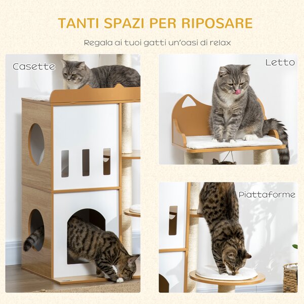 PawHut Albero per Gatti in MDF con Tiragraffi per Gatti in Sisal, 2 Casette per Gatti, Posatoi e Pallina da Gioco, 60x48x133 cm, Bianco e Rovere|Aosom