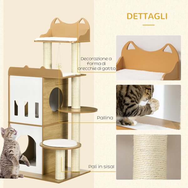 PawHut Albero per Gatti in MDF con Tiragraffi per Gatti in Sisal, 2 Casette per Gatti, Posatoi e Pallina da Gioco, 60x48x133 cm, Bianco e Rovere|Aosom