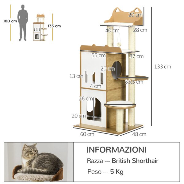 PawHut Albero per Gatti in MDF con Tiragraffi per Gatti in Sisal, 2 Casette per Gatti, Posatoi e Pallina da Gioco, 60x48x133 cm, Bianco e Rovere|Aosom