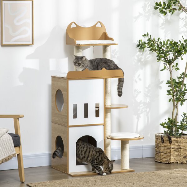 PawHut Albero per Gatti in MDF con Tiragraffi per Gatti in Sisal, 2 Casette per Gatti, Posatoi e Pallina da Gioco, 60x48x133 cm, Bianco e Rovere|Aosom