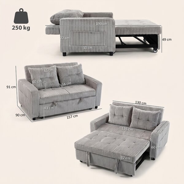 HOMCOM Divano letto 2 posti in velluto a coste con cuscini, 157x190 cm, Grigio chiaro | Aosom Italy