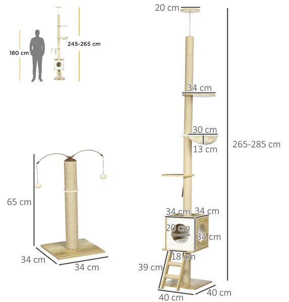 PawHut Albero per Gatti in Legno ad Altezza Regolabile con Tiragraffi, Casetta, Amaca e Pallina, 40x40x225-285 cm | Aosom