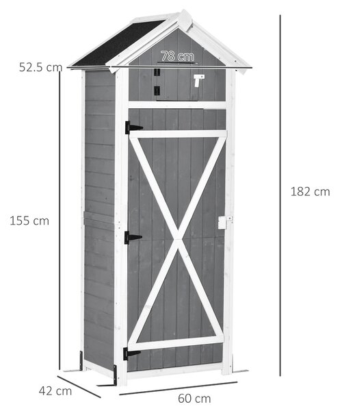 Outsunny Casetta da Giardino Porta Attrezzi in Legno di Abete con Ripiano Rimovibile, Tavolo da Lavoro e Tetto in Bitume, 78x52.5x182 cm, Grigia