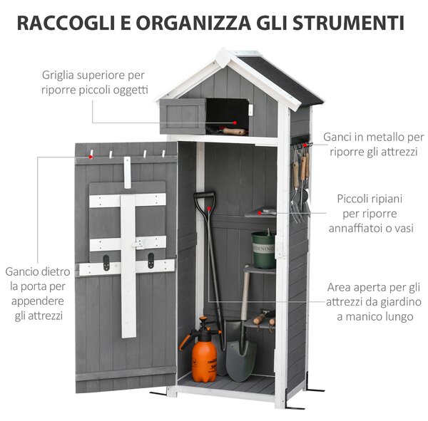 Outsunny Casetta da Giardino Porta Attrezzi in Legno di Abete con Ripiano Rimovibile, Tavolo da Lavoro e Tetto in Bitume, 78x52.5x182 cm, Grigia