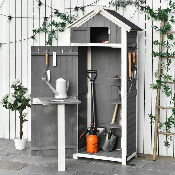 Outsunny Casetta da Giardino Porta Attrezzi in Legno di Abete con Ripiano Rimovibile, Tavolo da Lavoro e Tetto in Bitume, 78x52.5x182 cm, Grigia