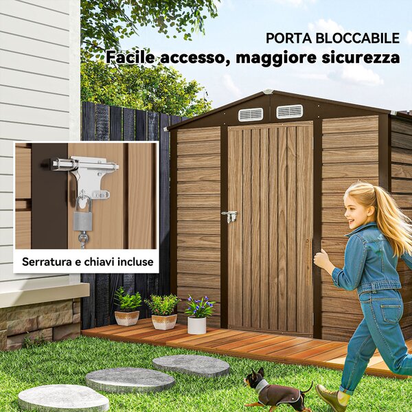 Outsunny Casetta da Giardino con Prese d'Aria e Catenaccio, Porta Attrezzi da esterno in Acciaio, 1.9x1.3m, Colore Quercia | Aosom Italy