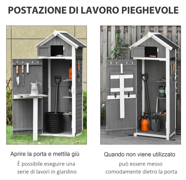 Outsunny Casetta da Giardino Porta Attrezzi in Legno di Abete con Ripiano Rimovibile, Tavolo da Lavoro e Tetto in Bitume, 78x52.5x182 cm, Grigia
