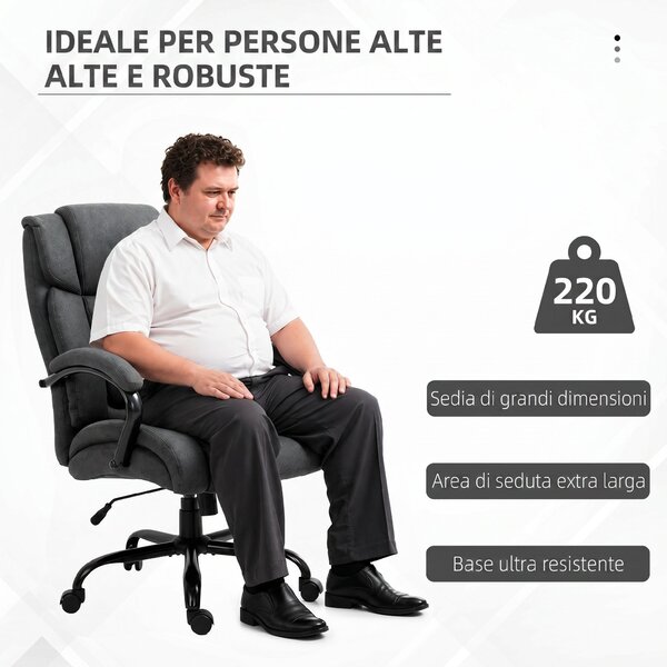 Vinsetto Sedia Ufficio Ergonomica in Tessuto Effetto Lino, Portata 220kg, Girevole, Altezza Regolabile, Grigio Chiaro | Aosom Italy