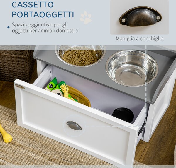 PawHut Ciotole per Cani Rialzate in Acciaio Inox e Legno con Cassetto, 60x30x36cm, Bianco e Grigio|Aosom